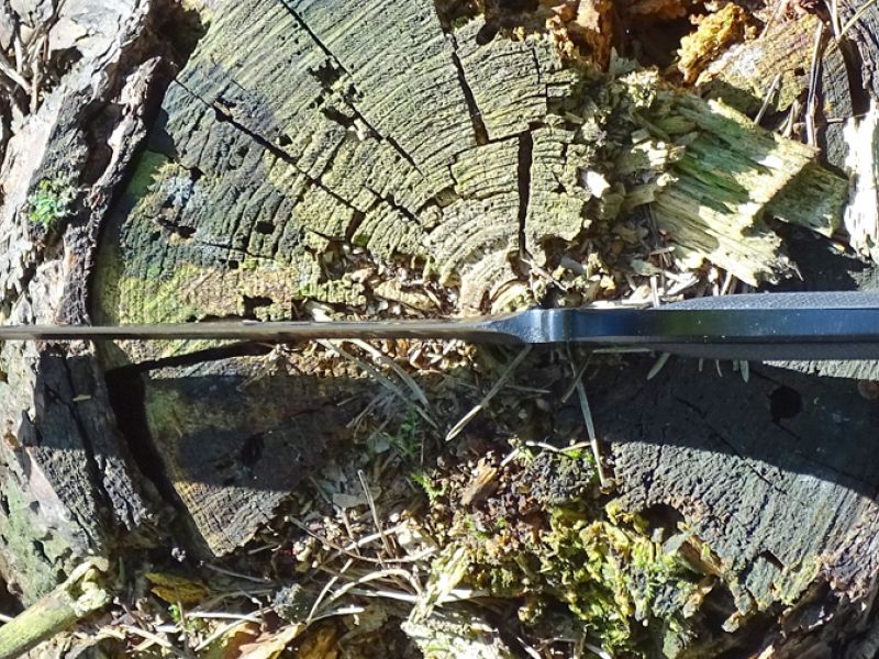 Štíhlost této bojové dýky ukazuje snímek, kde je jakžtakž ještě vidět silnější rukojeť, ale čepel se již díky své štíhlé konstrukci pomalu ztrácí.