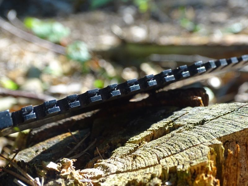 Detail hřbetních pilových zubů, kde můžete pěkně vidět excentrické profrézování v jednotlivých zubech. Zda jde o záměr či pouze o nepřesnost výroby se mi nepodařilo zjistit.