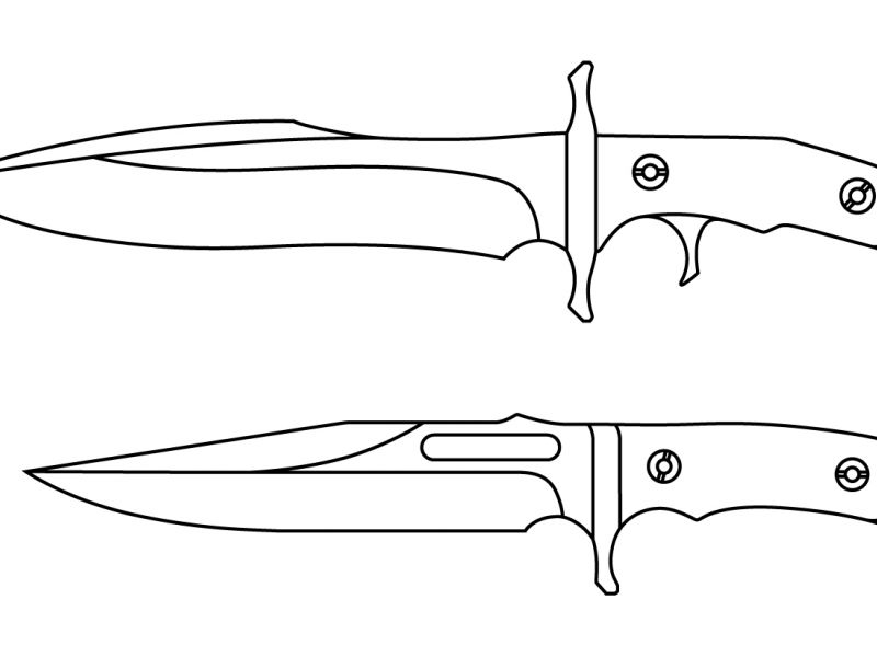 Nákresy nožů Johna Ramba pro poslední krev. Pojmenovaný srdcezastavovač je ten větší situovaný vlevo. Vpravo pak jeho menší, nicméně stejně kvalitní soudruh. Oba nože jsou tím nejlepším, co ruka Rambova mohla doposud držet, alespoň co se týče jeho nožů...